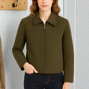 Debra DeRoo 100% silk quilted green zip-up jacket Size M.gun metal zipper pull